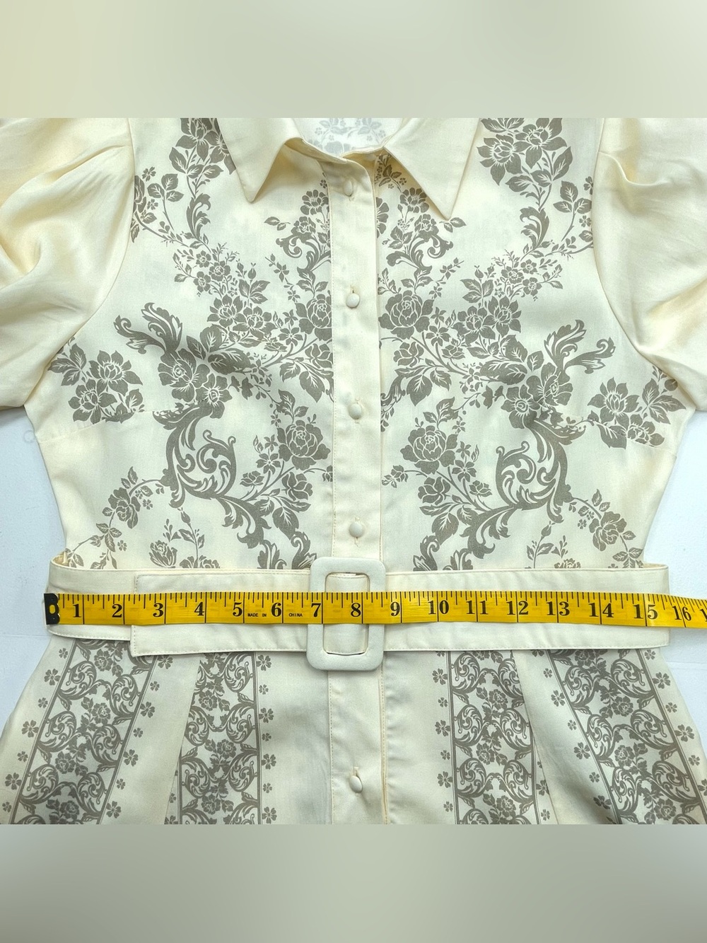 WE ARE KINDRED Knee Length Shirt Dress Ivory Tan Floral Balloon Sleeve Size 4 - Picture 7 of 9